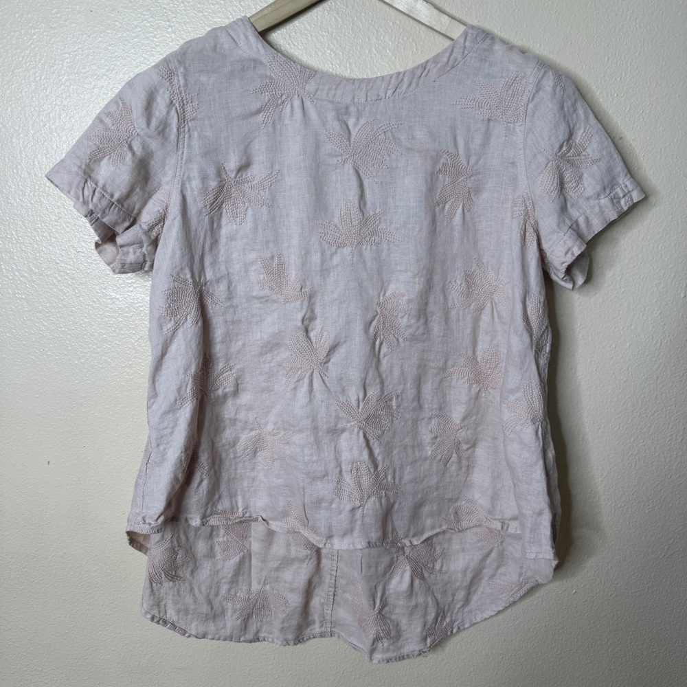 Magaschoni Shirt Women's Large Pink Short Sleeve Embroidered Linen Blouse